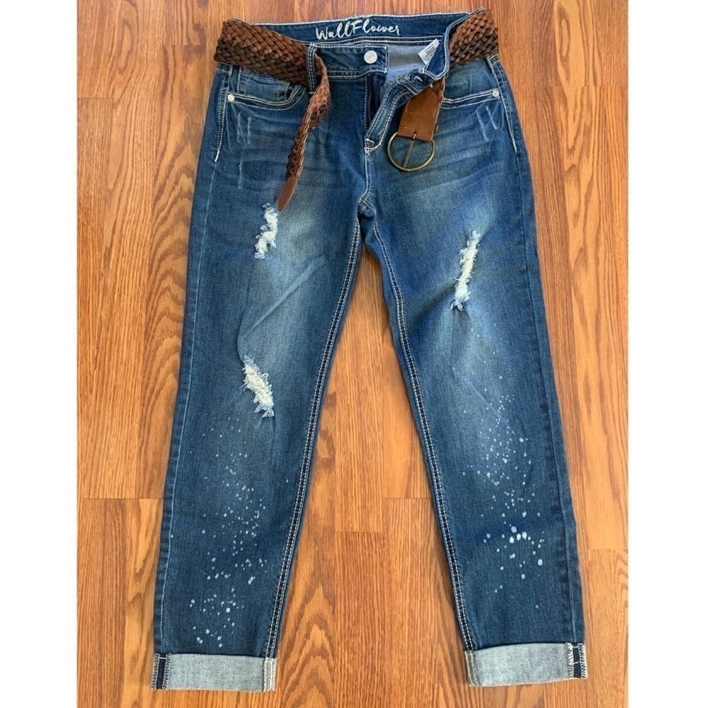 WALLFLOWER Junior size 7 Cuffed Capri Denim Blue Jeans with Belt - Picture 13 of 13